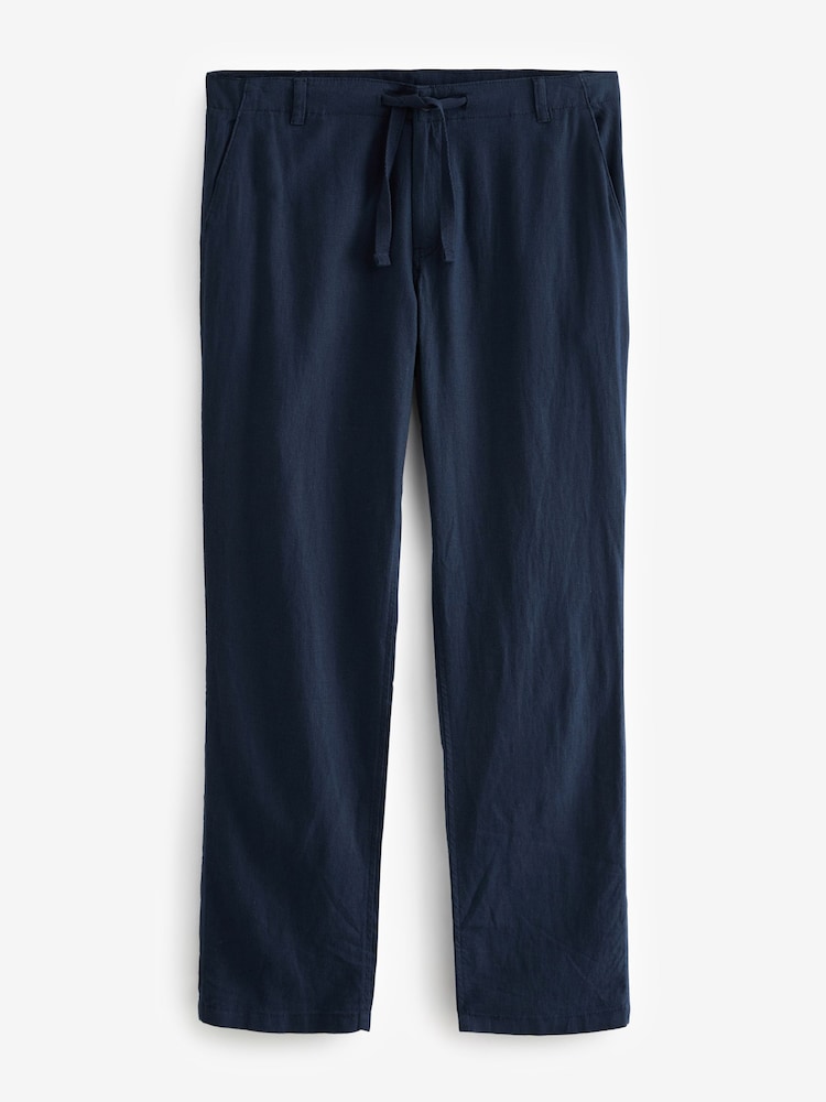 Navy Blue Linen Blend Drawstring Trousers - Image 1 of 4