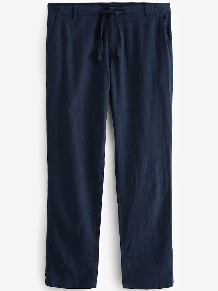 Navy Blue Linen Blend Drawstring Trousers - Image 4 of 4