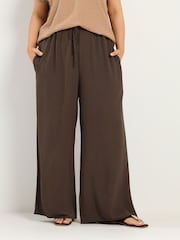 Yours Curve Brown Washed Twill Wide Leg Trousers - Image 1 of 5