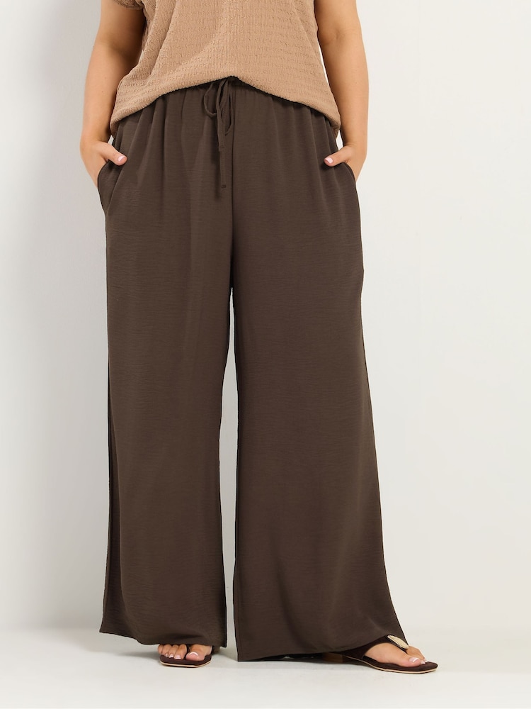 Yours Curve Brown Washed Twill Wide Leg Trousers - Image 1 of 5