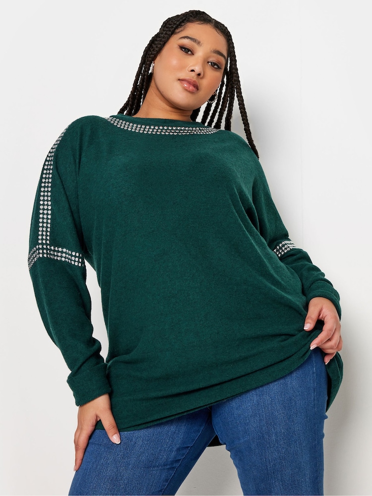 Yours Curve Green Studded Batwing Jumper - Image 1 of 4