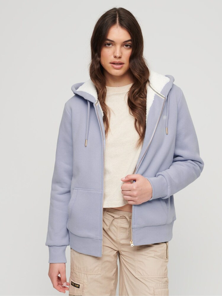 Blau - Superdry Essential Hoodie mit Reißverschluss und Sherpa-Fleece-Futter aus 100 % Baumwolle - Bild 1 von 6 Blau - Superdry Essential Hoodie mit Reißverschluss und Sherpa-Fleece-Futter aus 100 % Baumwolle - Bild 1 von 6