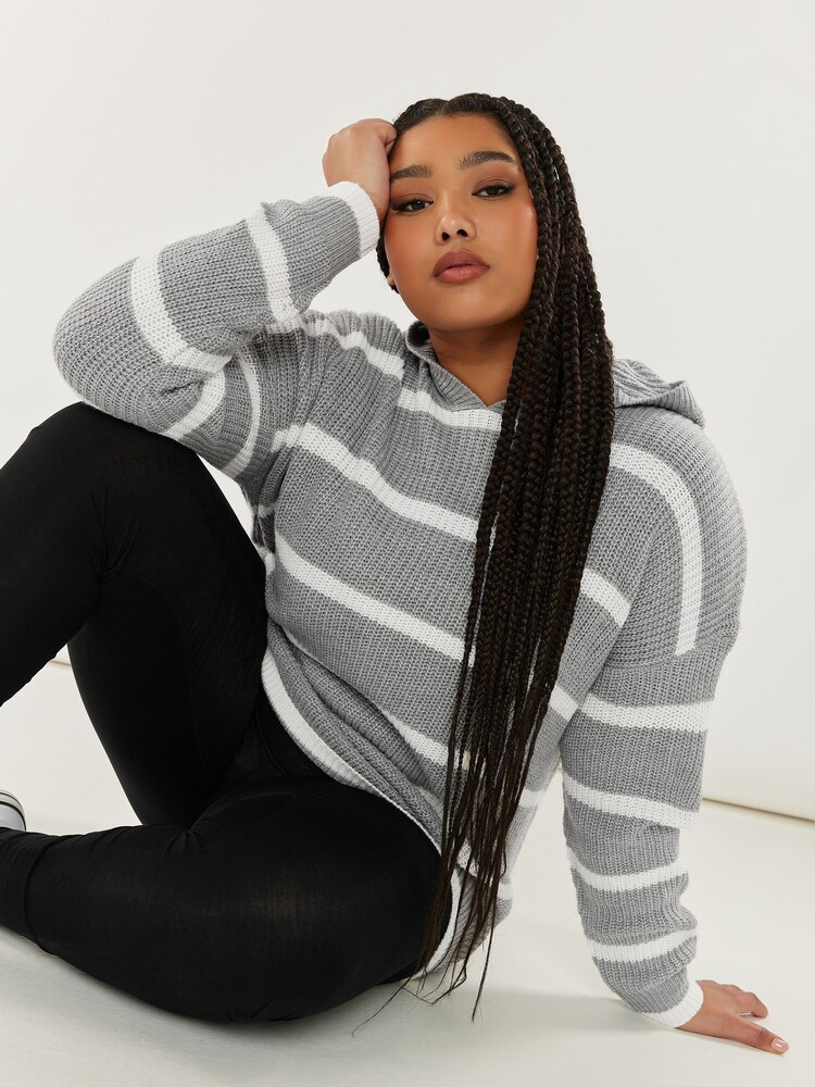 Grau - Yours Curve Gestreifter Kapuzenpullover - Bild 1 von 5
