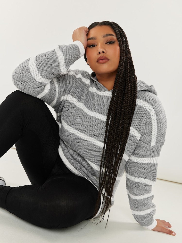 Grau - Yours Curve Gestreifter Kapuzenpullover - Bild 1 von 5 Grau - Yours Curve Gestreifter Kapuzenpullover - Bild 1 von 5