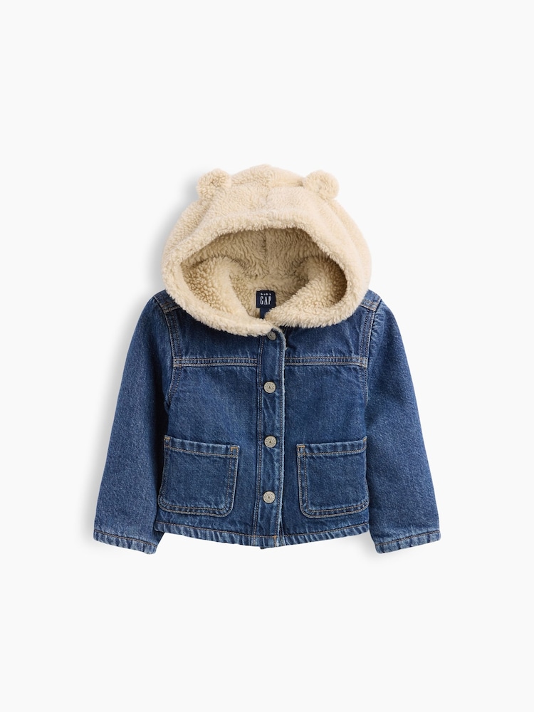 Gap Dark Wash Sherpa Hooded Denim Jacket - Image 1 of 2 Gap Dark Wash Sherpa Hooded Denim Jacket - Image 1 of 2