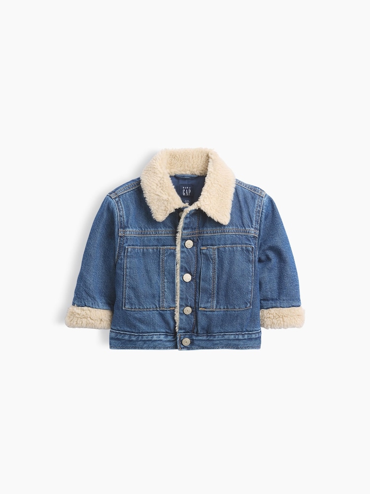 Gap Mid Wash Sherpa Bear Icon Denim Jacket (3-24mths) - Image 1 of 2 Gap Mid Wash Sherpa Bear Icon Denim Jacket (3-24mths) - Image 1 of 2