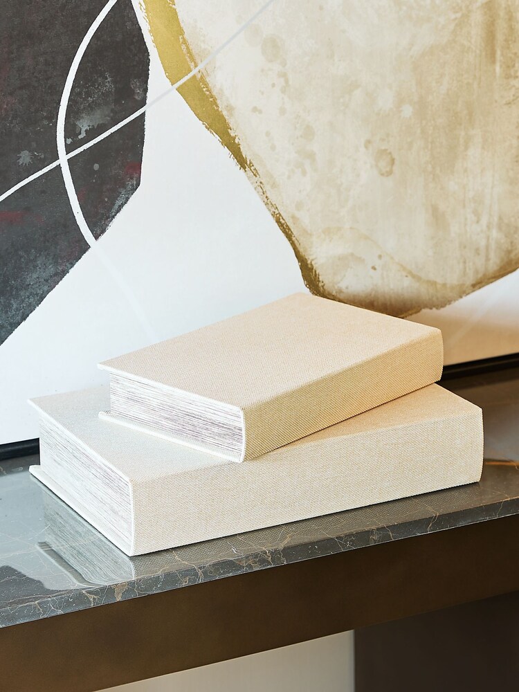 Libra Interiors Set of 2 Beige Cream Book Boxes - Image 1 of 6 Libra Interiors Set of 2 Beige Cream Book Boxes - Image 1 of 6