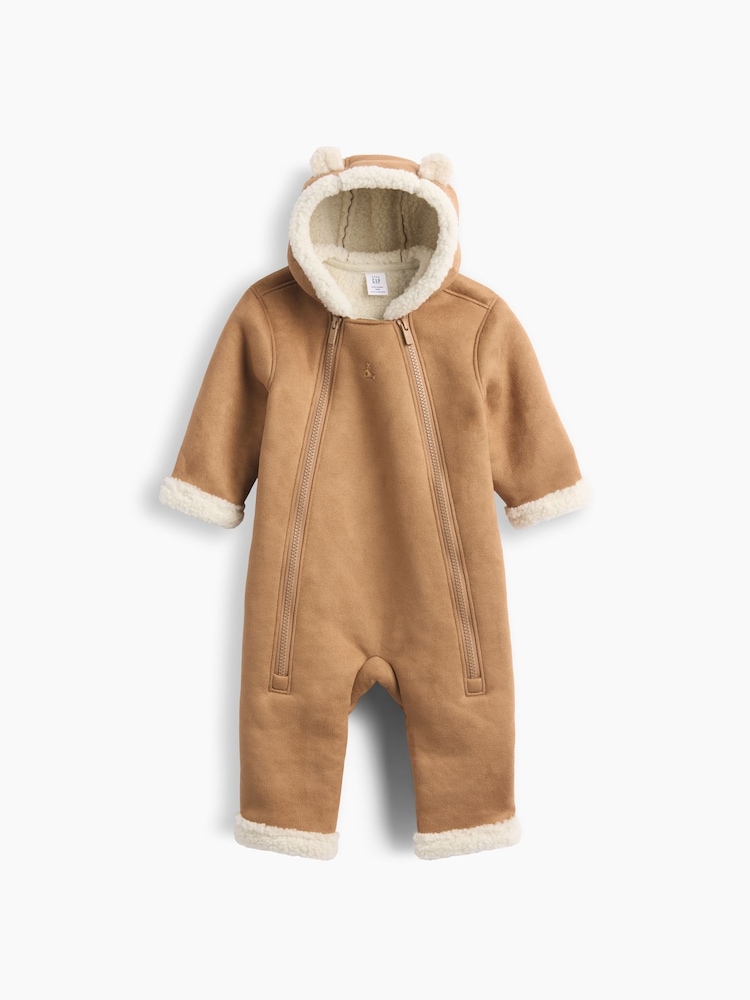 Gap Brown Fauz Suede Sherpa-Lined Hooded One-Piece (3-24mths) - Image 1 of 3 Gap Brown Fauz Suede Sherpa-Lined Hooded One-Piece (3-24mths) - Image 1 of 3