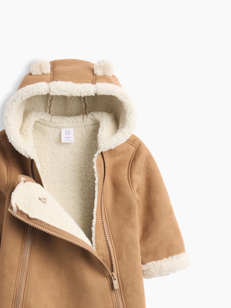 Gap Brown Fauz Suede Sherpa-Lined Hooded One-Piece (3-24mths) - Image 3 of 3 Gap Brown Fauz Suede Sherpa-Lined Hooded One-Piece (3-24mths) - Image 3 of 3