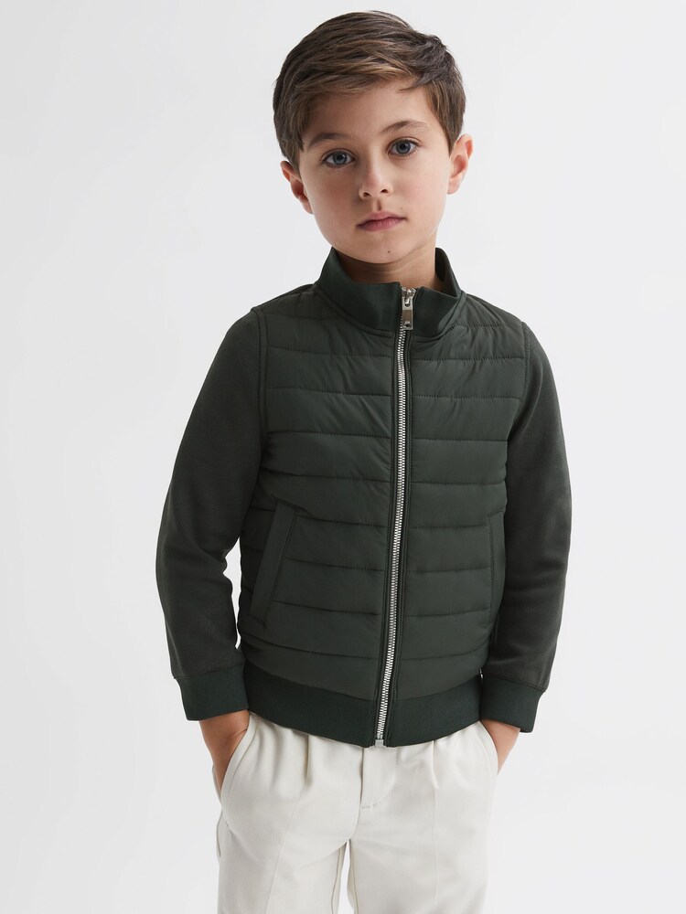 Reiss Forest Green Flintoff Senior Funnel Neck Quilted Hybrid Jacket - Image 1 of 6