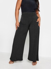 Yours Curve Black Wide Leg Sparkle Trousers - Image 1 of 4