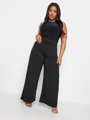 Yours Curve Black Wide Leg Sparkle Trousers - Image 2 of 4
