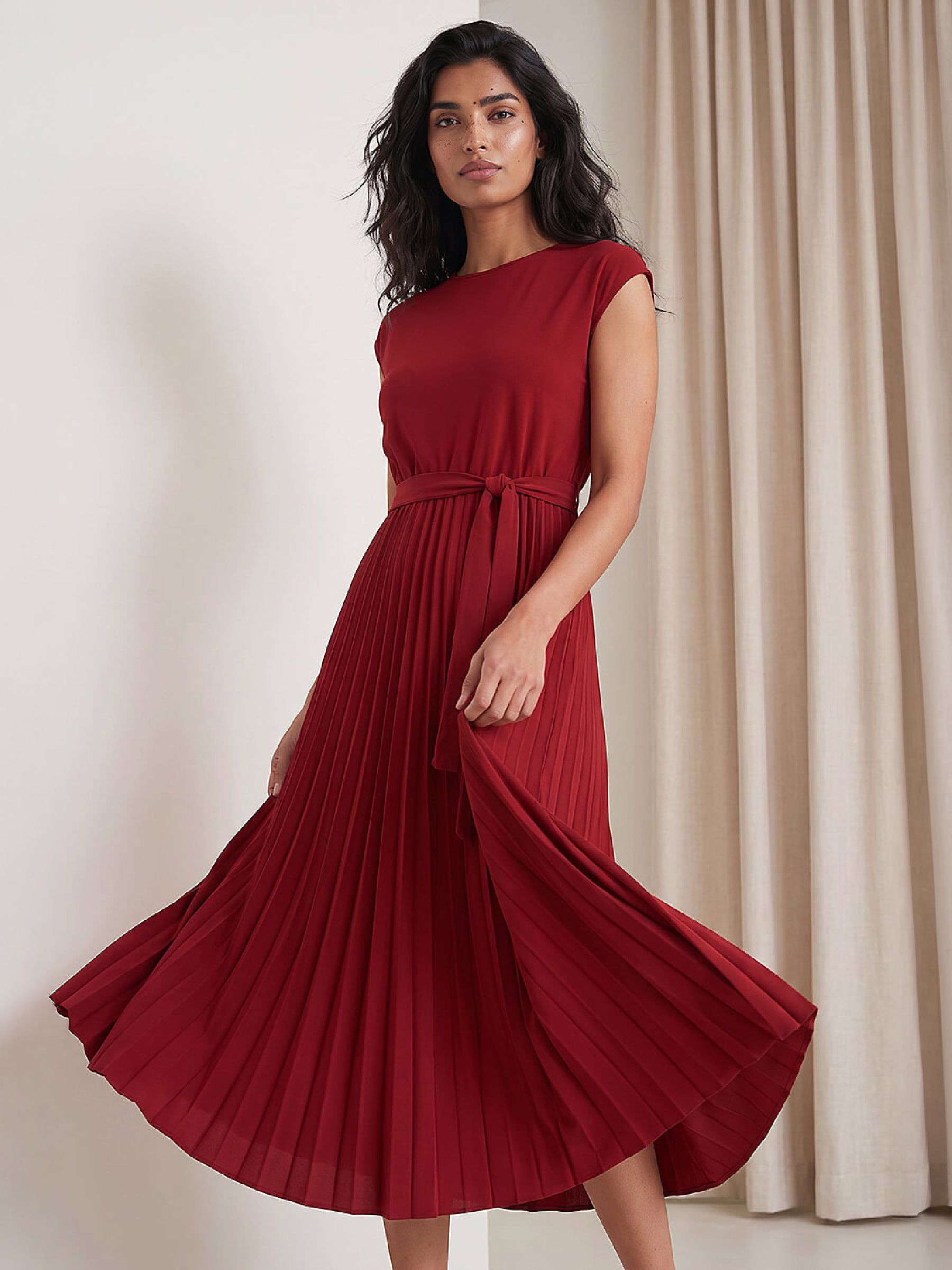 Roman Women's Wine Pleated Tie Waist Dress In | : Size 20 - Image 5