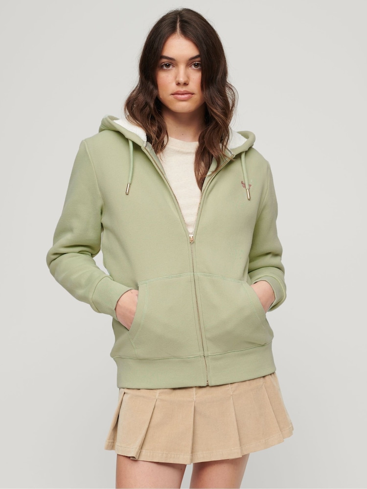 Grün - Superdry Essential Hoodie mit Reißverschluss und Sherpa-Fleece-Futter aus 100 % Baumwolle - Bild 1 von 4