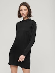 Superdry Black 100% Cotton Satin Mock Neck Mini Dress - Image 1 of 5