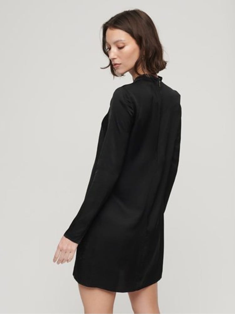 Superdry Black 100% Cotton Satin Mock Neck Mini Dress - Image 2 of 5