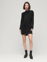 Superdry Black 100% Cotton Satin Mock Neck Mini Dress - Image 3 of 5