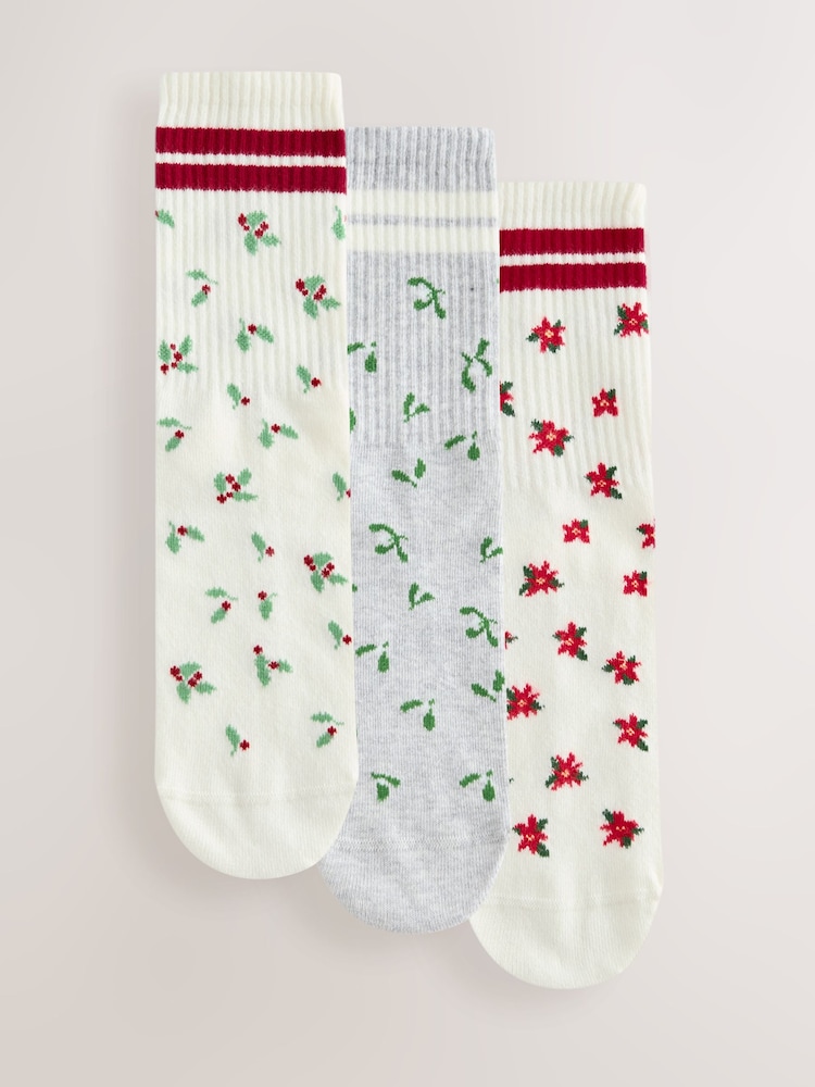 Stripe/Flowers Novelty Christmas Ribbed Sports Socks 3 Pack - Image 1 of 6 Stripe/Flowers Novelty Christmas Ribbed Sports Socks 3 Pack - Image 1 of 6