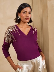 Love & Roses Purple Sequin Detail Batwing Style V-Neck Long Sleeve Knitted Top - Image 1 of 5