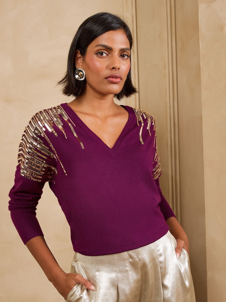 Love & Roses Purple Sequin Detail Batwing Style V-Neck Long Sleeve Knitted Top - Image 1 of 5