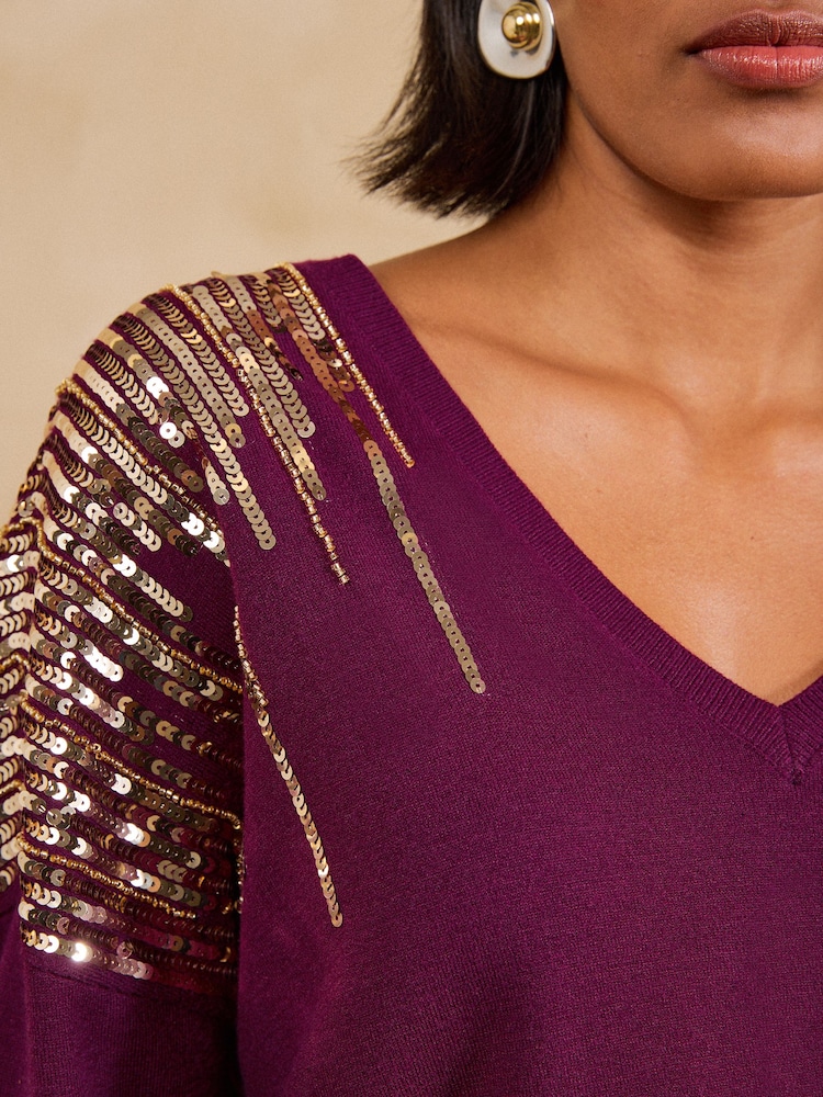 Love & Roses Purple Sequin Detail Batwing Style V-Neck Long Sleeve Knitted Top - Image 2 of 5