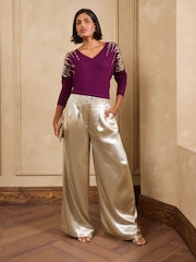 Love & Roses Purple Sequin Detail Batwing Style V-Neck Long Sleeve Knitted Top - Image 3 of 5