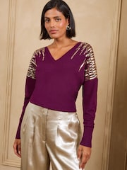 Love & Roses Purple Sequin Detail Batwing Style V-Neck Long Sleeve Knitted Top - Image 4 of 5