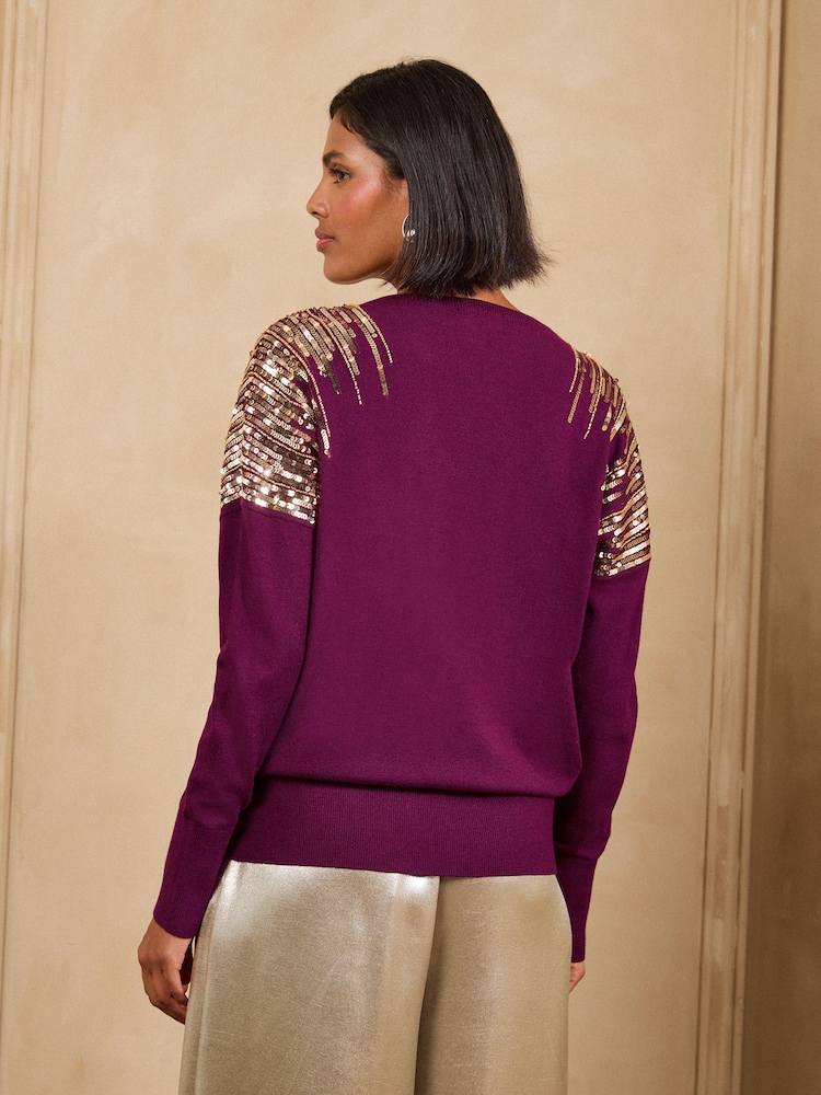 Love & Roses Purple Sequin Detail Batwing Style V-Neck Long Sleeve Knitted Top - Image 5 of 5