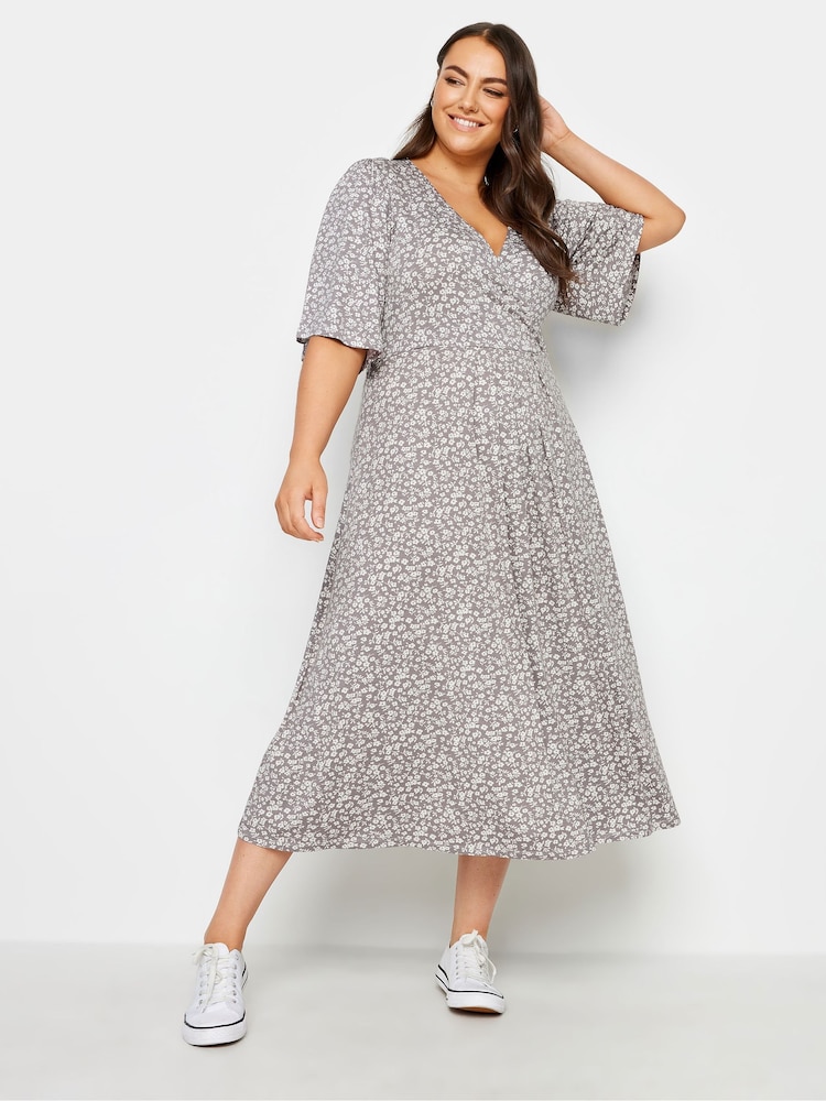 Yours Curve Grey Floral Maxi Wrap Dress - Image 1 of 4