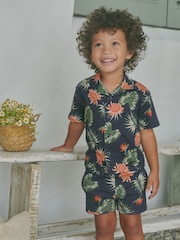 Navy Short Sleeve Pattern 100% Cotton Shirt and Shorts Set (3mths-7yrs) - Image 1 of 3