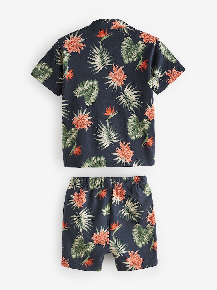 Navy Short Sleeve Pattern 100% Cotton Shirt and Shorts Set (3mths-7yrs) - Image 2 of 3