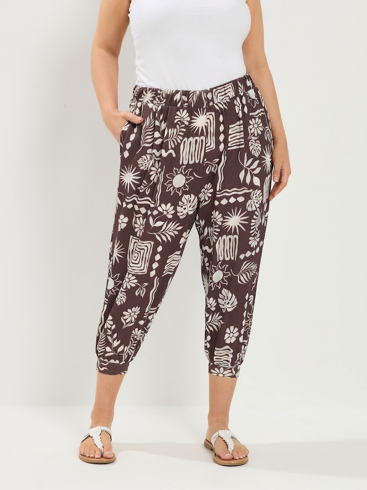 Yours Curve Brown Jersey Cropped Hareem Trousers - Image 1 of 4 Yours Curve Brown Jersey Cropped Hareem Trousers - Image 1 of 4