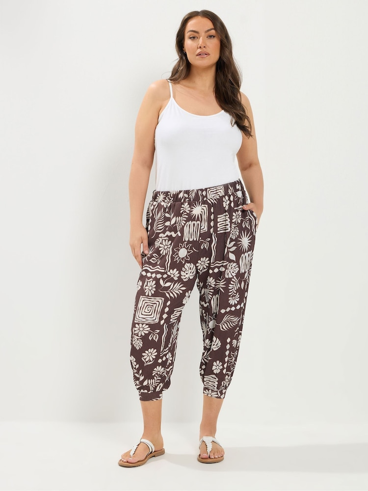 Yours Curve Brown Jersey Cropped Hareem Trousers - Image 2 of 4 Yours Curve Brown Jersey Cropped Hareem Trousers - Image 2 of 4