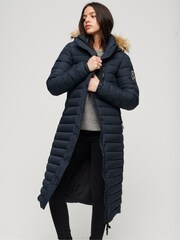 Superdry Blue Fuji Hooded Longline Puffer Coat - Image 1 of 5