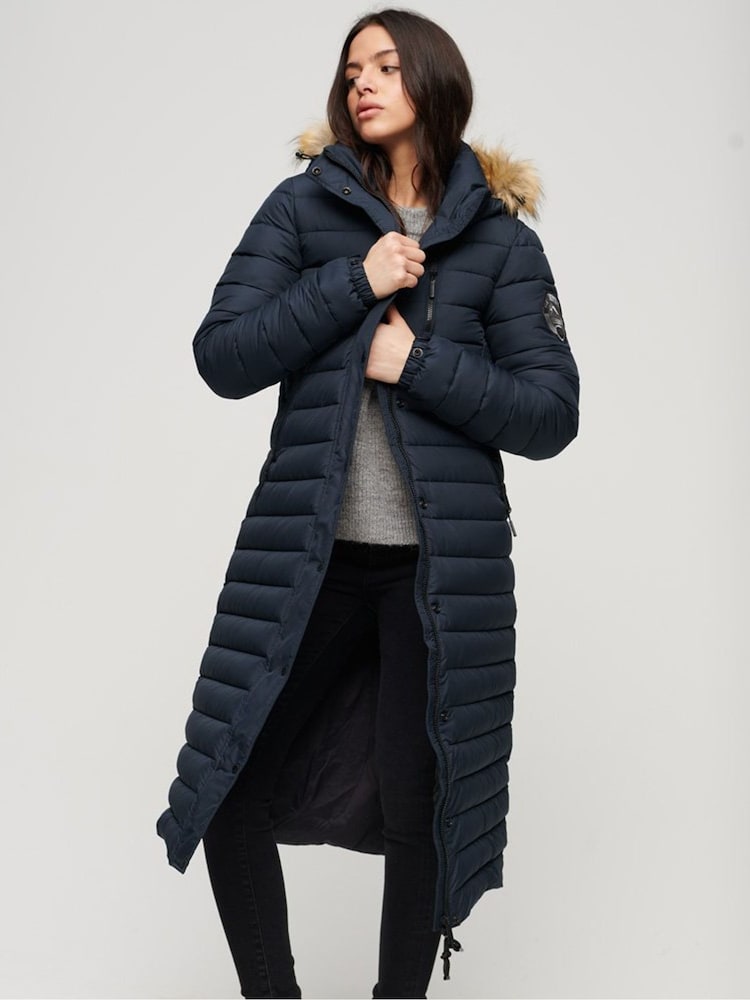 Superdry Blue Fuji Hooded Longline Puffer Coat - Image 1 of 5