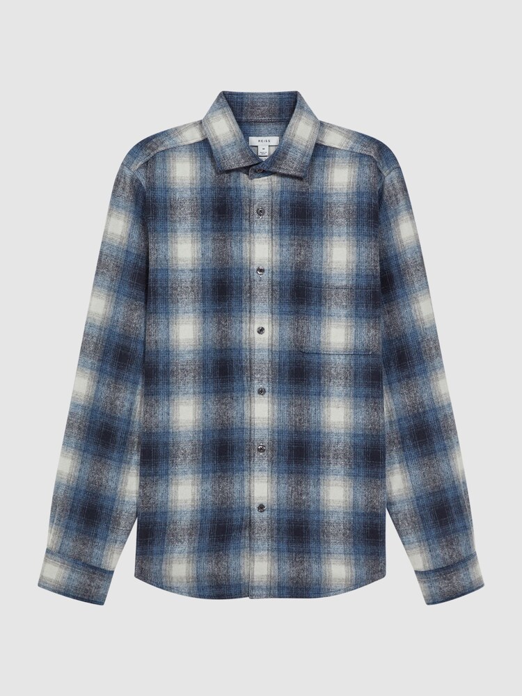 Reiss Blue Multi Novelli Wool Checked Long Sleeve Shirt - Image 2 of 5 Reiss Blue Multi Novelli Wool Checked Long Sleeve Shirt - Image 2 of 5