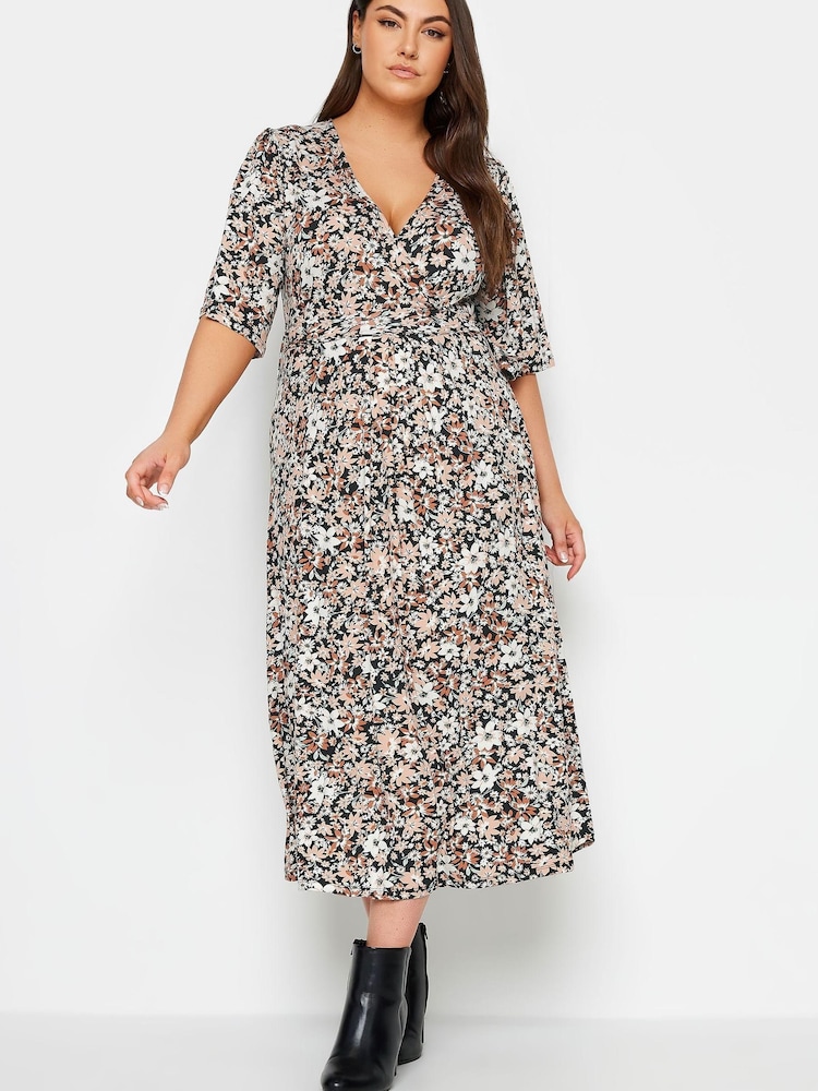 Yours Curve Black White Floral Maxi Wrap Dress - Image 2 of 4