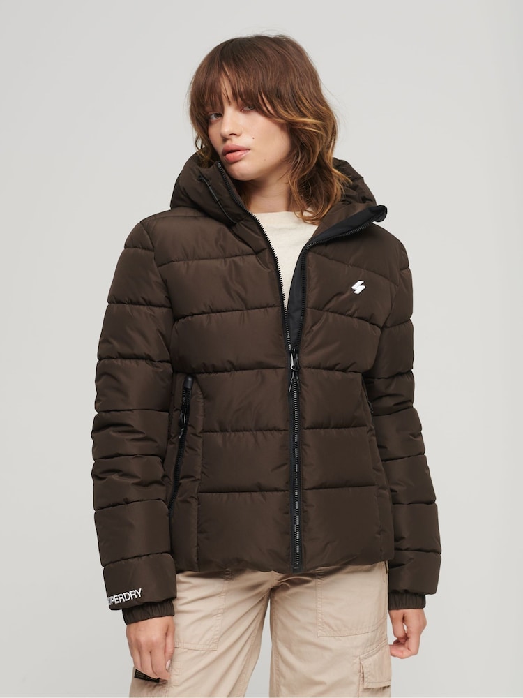Superdry Brown Hooded Spirit Sports Puffer Jacket - Image 1 of 6