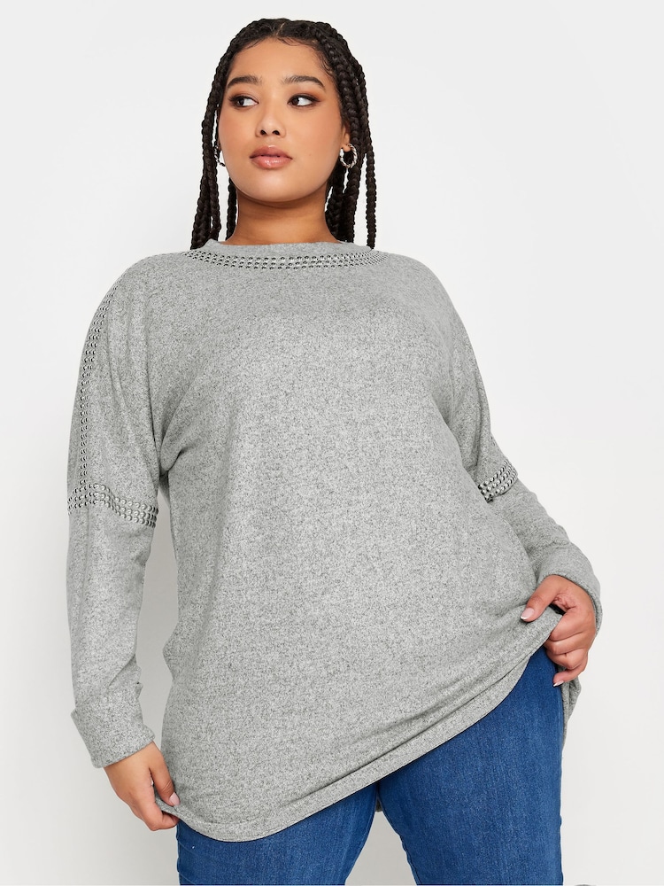 Yours Curve Grey Studded Batwing Jumper - Image 1 of 4