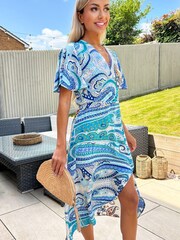 AX Paris Cream Paisley Printed Butterfly Sleeve Wrap Over Midi Dress - Image 4 of 5