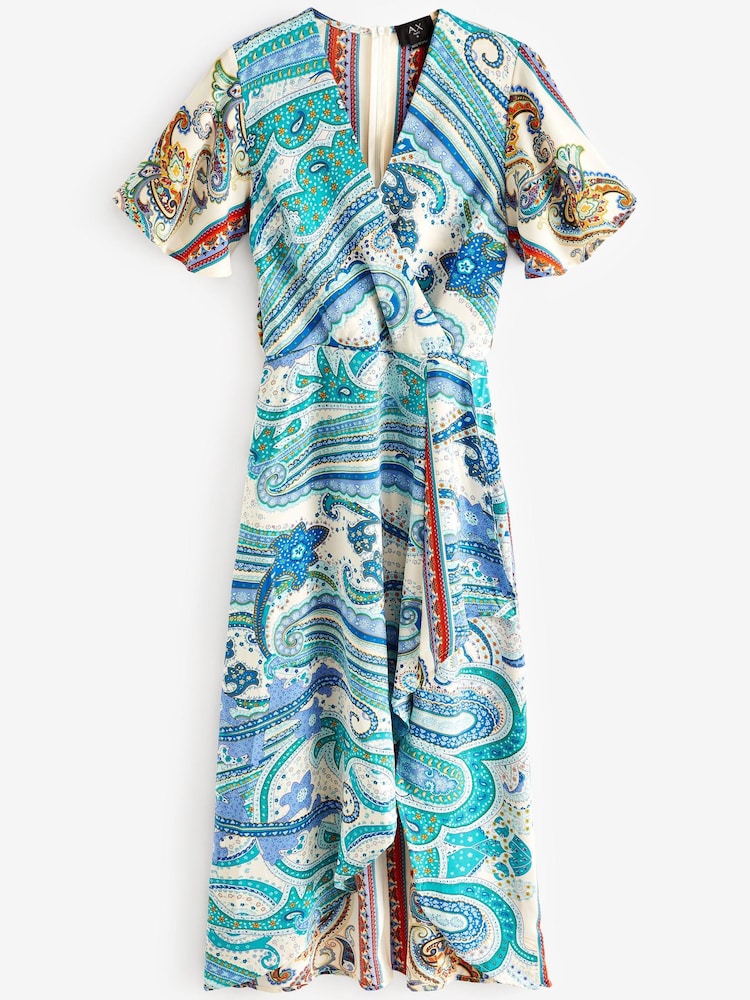 AX Paris Cream Paisley Printed Butterfly Sleeve Wrap Over Midi Dress - Image 5 of 5