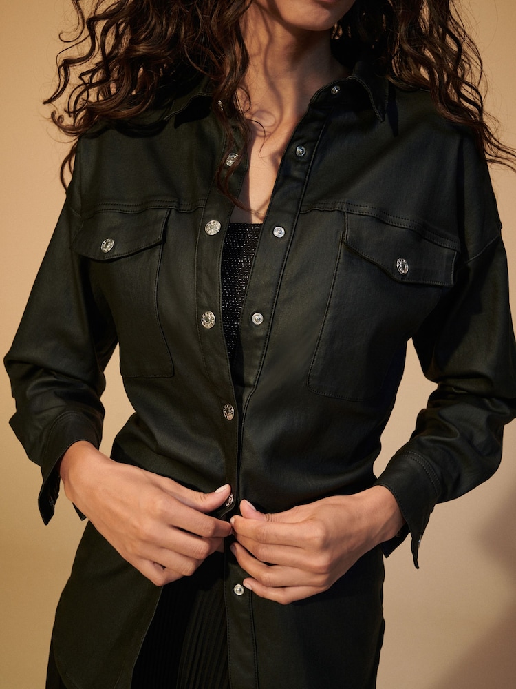 Black Coated Denim Oversized Shirt - Image 2 of 7
