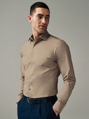 Neutral Brown Slim Fit Easy Care Single Cuff Shirt - Image 1 of 4