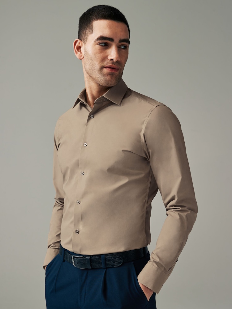 Neutral Brown Slim Fit Easy Care Single Cuff Shirt - Image 1 of 4