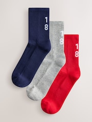 Navy Blue/Red '1982' Slogan Cushion Sole Ribbed Sport Ankle With Arch Support Socks 3 Pack - Image 1 of 6