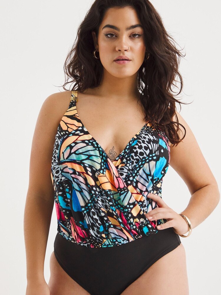 Simply Be Magisculpt Black Butterfly Print Twist Front Blouson Swimsuit - Image 1 of 6