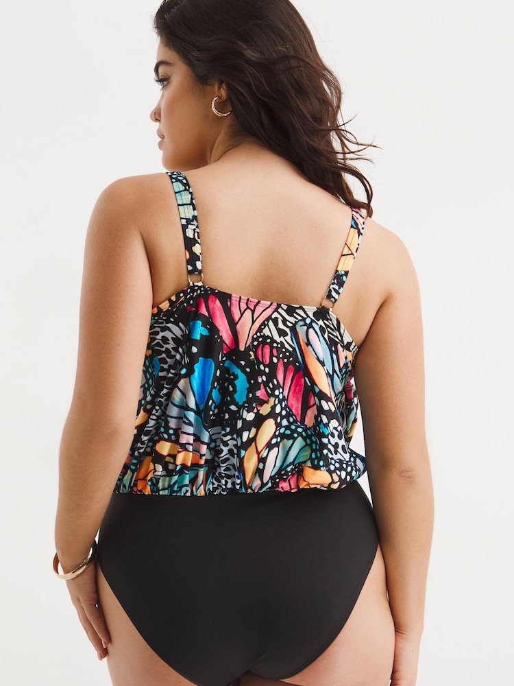 Simply Be Magisculpt Black Butterfly Print Twist Front Blouson Swimsuit - Image 2 of 6