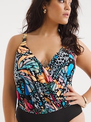 Simply Be Magisculpt Black Butterfly Print Twist Front Blouson Swimsuit - Image 3 of 6