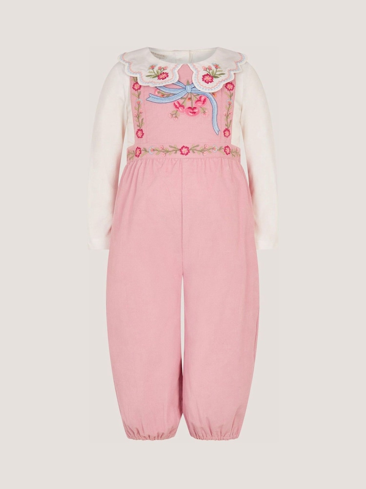 Monsoon Pink Baby Mon Cheri Embroidered Dungaree & Top Set - Image 1 of 2 Monsoon Pink Baby Mon Cheri Embroidered Dungaree & Top Set - Image 1 of 2