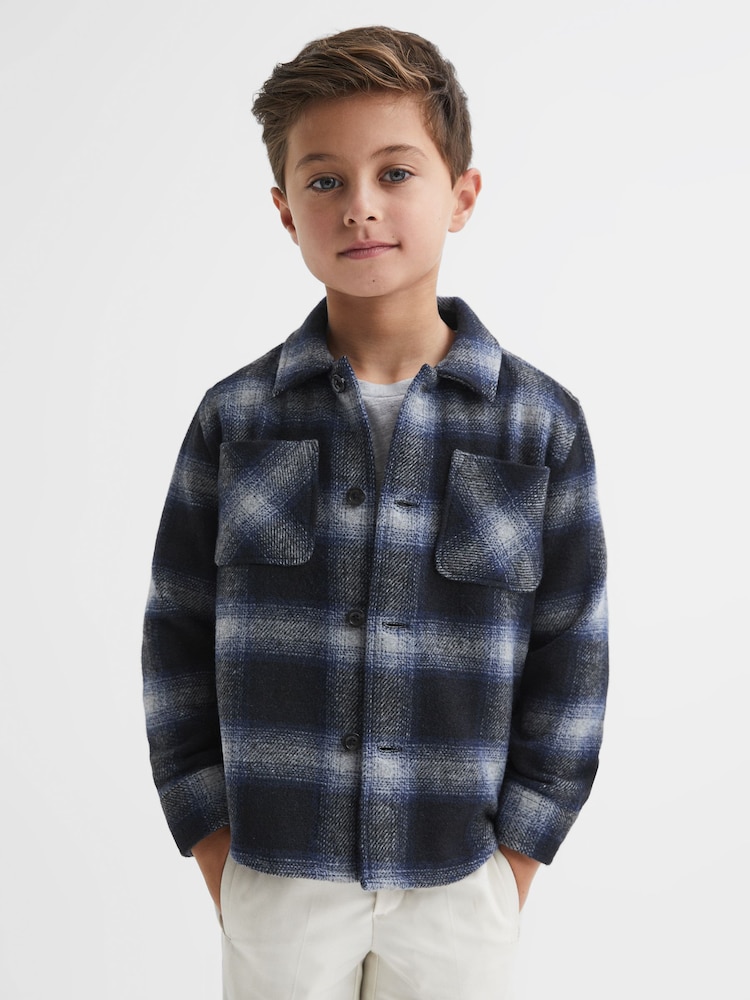 Reiss Blue Multi Idaho Wool Blend Check Overshirt - Image 1 of 7